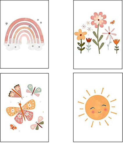 Taicols 4er Set Bilder Kinderzimmer, Poster Kinderzimmer Deko Mädchen, DIN A4 Poster Babyzimmer Mädchen Deko Boho Wandbilder Deko