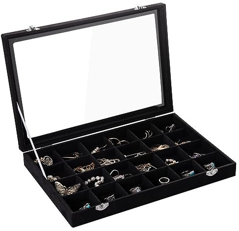 Frebeauty Samt Schmucktablett 24 Gitter Schmuck Organizer mit durchsichtigem Deckel Ohrring Organizer Halter Etui mit Verschluss Schubladeneinsatz Anhänger Broschen Geschenk (Schwarz 24 Gitter)