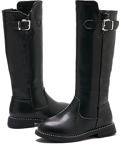 DADAWEN Girls Waterproof Leather Zipper Fur Lined Knee High Buckle Winter Riding Boots (Toddler/Little Kid/Big Kid) Black US Size 3 M Little Kid
