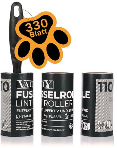 Vaily Rodillo quitapelusas con 2 rodillos de repuesto para ropa, pelusas, polvo, pelo y pelo de animales en ropa y muebles, 110 hojas de 18 x 10 cm por rollo