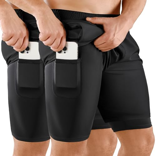 Niksa 2er Pack Herren 2 in 1 Shorts Schnelltrocknende Sporthose Herren Kurz 7 Atmungsaktiv Laufshorts mit Handytasche Sport Shorts, Schwarz, S