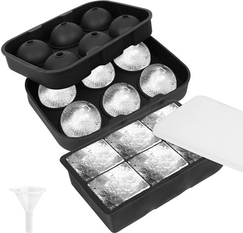 YHT Lot de 2 grands moules à glaçons carrés réutilisables en silicone avec couvercles et entonnoir pour whisky, cocktails, boissons (noir)