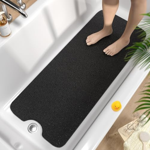 HITSLAM Alfombra de Bañera Antideslizante 100x40cm, Extra Largo Alfombra Ducha Antideslizante, Loofah de PVC Suave Alfombra Baño, Secado Rápido Alfombrilla Bañera, Sin Ventosa, Negro