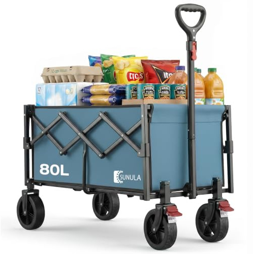 SUNULA Bollerwagen Faltbar Klein 80L, Handwagen Geländegängig mit Bremsen | Leichter Faltbollerwagen mit halbiertem Eigengewicht, Faltbarer Handwagen 100KG, ideal für Einkauf, Camping, Garten, Blau