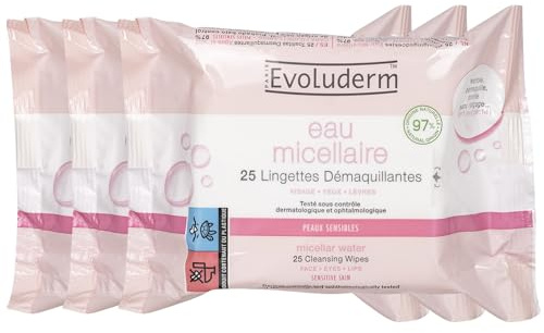 EVOLUDERM - Lingettes Démaquillantes Eau Micellaire - 25 pièces - 97% d'Origine Naturelle - Végan - Lot de 3 x 25 pièces