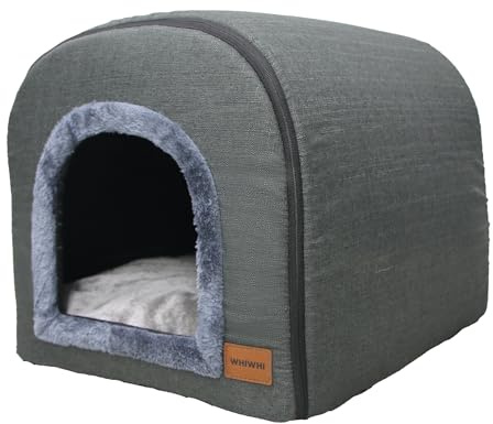 Whiwhi Katzenhöhle für Drinnen Katzen Höhlenbett mit Plüsch Katzenkissen Schlafhaus Haustierhaus Faltbares Hundehöhle 45x35x35cm(Dunkelgrau)