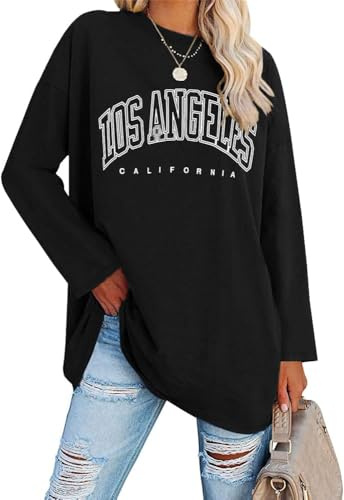 Ebifin oversize långärmad tröja dam lång tröja rund hals Los Angeles topp långärmad t-tröjor tröjor basic tunika tetoppar., svart, XXL