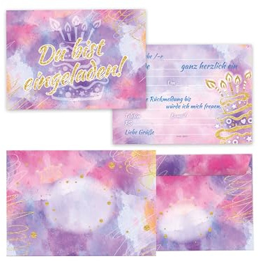 Limonia 12x Einladungskarten mit Umschläge zum Geburtstag - Geburtstagseinladung Aquarell Torte Stylishe Einladung zum Party Kindergeburtstag für Jungs und Mädchen Kinder und Erwachsene Unisex