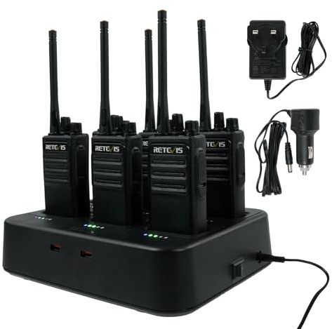 Retevis RT617 Walkie Talkie with 6 Way Charger, Rechargeable Walkie Talkies 1200mAh, PMR446 License free,Squelch Clear Sound, VOX, DC and USB Jack, 2 Way Radio for School, Security (6 Pcs, Black)