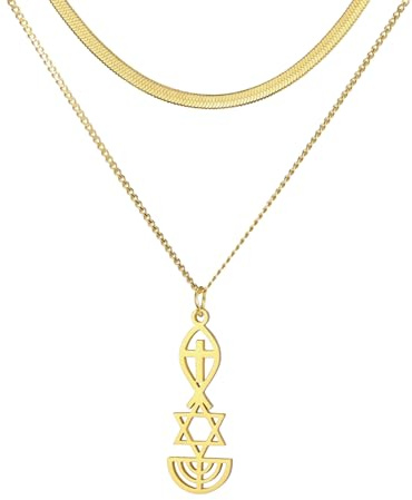 EUEAVAN Collier Sceau Messianique Sceau Messianique de Jérusalem Collier pendentif Etoile de David, Ichthus avec Croix, Menorah, Collier Etoile Juive Bijoux Religieux Hanukkah (or superposé)