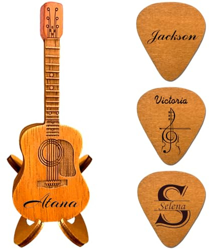 Personalisierte Gitarren-Pick-Halter, Custom Guitar Picks und Gitarren-Pick-Etui kann graviert werden, Holz Akustikgitarre Pick Case Geschenke für Musiker. （Enthält 3 PCS Gitarren-Pick）