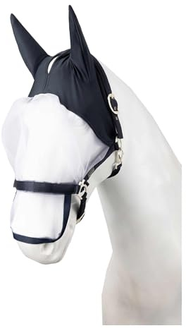 Horze Paso Fino Pferde Halfter mit Integrierter Fliegenmaske – Robustes Halfter mit UV-Schutz, Ohren- & Augenschutz, Blau, C