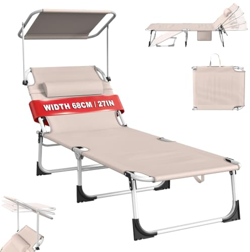 LZQ Tumbona plegable con toldo y bolsillo lateral, tumbona de jardín de tela Oxford 600D, 194 x 68 x 30 cm, para terraza, balcón, camping y exterior, soporta hasta 100 kg (caqui)