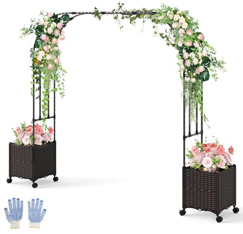 COSTWAY Garden Arch with Planter Box, 2M Metal Pergola Arbor Trellis with Self-Watering System & Lockable Wheels, Rose Vines Climbing Plant Support Archway for Lawn Backyard Wedding (288 x 40 x 200cm)