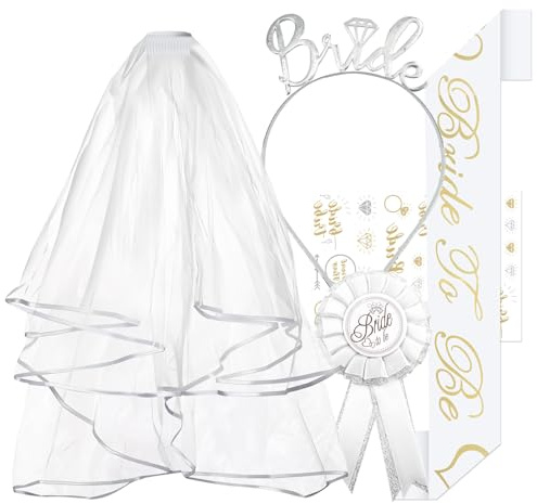 5 Stück JGA Accessoires Frauen, JGA Deko für Junggesellenabschied Frauen - Bride to Be Schärpe, Schleier JGA, Braut Haarreif, Brustabzeichen, Sticker für Brautparty und Hochzeitsfotografie