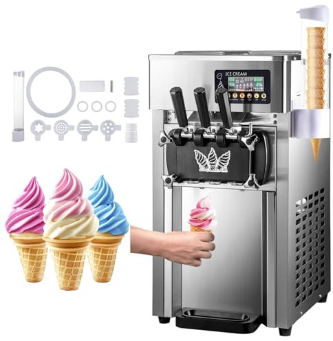 Commercial Ice Cream Machine, 18L/H Yield Soft Serve Ice Cream Makers with 3 Tastes Outlet, LCD Panel, 3Lx2 Refrigerated Hopper, 1.8LX2 Freezing Tank, for Bars Coffee Shop Market