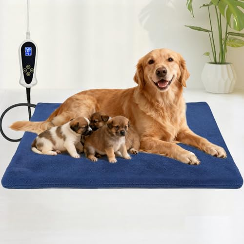 Bestio Extra Large Dog Heating pad,47×30 in Heated Dog Bed Adjustable Thermostat (1-24 Hours) and Chew Resistant Steel Cord with One Blue Plush Cover