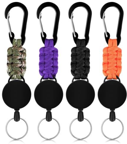 PlsMupn 4 Piezas Llavero Retractil, Llavero Extensible Retractil, Mosqueton Con Cuerda Lanyard Retráctil de 50 cm, Adecuado para Uso Diario, al Aire Libre.(Morado/Negro/Verde Militar/Naranja)