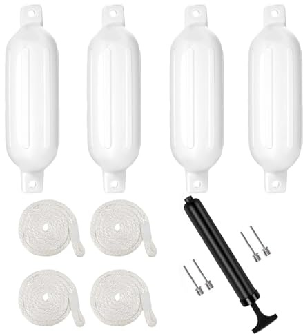 NEWFUN 4X Fender Boot,Bootsfender,50 * 14cm Kotflügelsatz Mit Kotflügelleitungen, Einschließlich Pumpe, Vier Luftbolzen, Antikollisionsschutz, Geeignet für Boote von 3 bis 6 Metern PVC