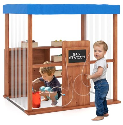 GYMAX Kids Gas Station Playset, Outdoor Gasoline Station Toy with Canopy, 2 Simulation Refueling Guns and Blackboards, Wooden Children Grocery Store for 3+ Years Old
