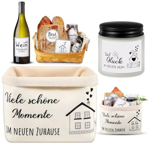 Sinmoe Einzugsgeschenke Wohnung Haus Set Brotkorb Duftkerze im Glas Brot Salz Wein Aufkleber Karte zum Einzug Richtfest Einweihung Neues Zuhause Geschenke(Viele schöne Momente im neuen Zuhause)