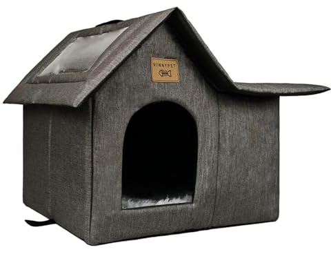 Vinnypet Luxus Katzenhaus Draußen Winterfest Wasserdicht Katzenhöhle Faltbare Wetterfester Haustierhaus Hundehütte mit Plüschkissen Tierheim für Streuner Haustiere 45x35x40cm