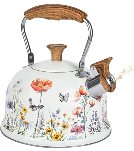 Hervidor de té, hervidor silbante de 2.7 cuartos de galón, hervidor de gas con mango de patrón de madera anticaliente, hervidores de acero inoxidable de grado alimenticio, tetera antioxidante para