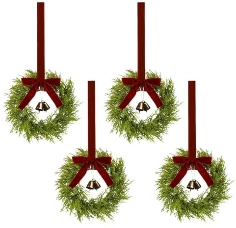 Mini Christmas Wreath - Festive Holiday Decorations | Small Wreaths for Kitchen Cabinets with Red Bow,for Window Fireplace Mantel Office Walls Seasonal Gatherings