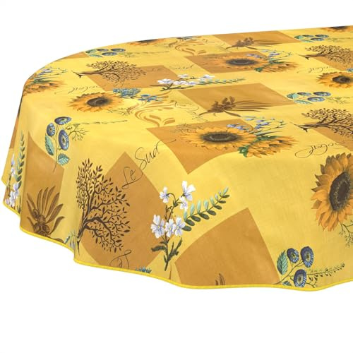 Nappe en Toile cirée Lavable, Facile d'entretien et imperméable, Effet Lotus, Motif Tournesol, Ovale, 200 x 140 cm, avec Ourlet (bordée)