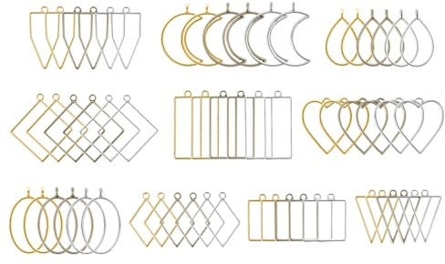 QWORK® 60 Stück Harz-Bastellünetten in 10 Geometrischen Formen - Hohlrahmen-Anhänger aus Metalllegierung, Schmuckformen