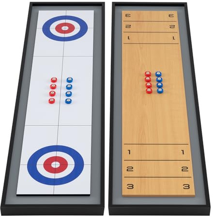 GOPLUS Mesa de Shuffleboard y Curling, Mesa de Juego Portátil 2 en 1 con 8 Discos, Ranuras Antideslizantes, Juego Doble Caras para Equipos, para Adultos, Niños, Fiestas Familiares, 114 cm