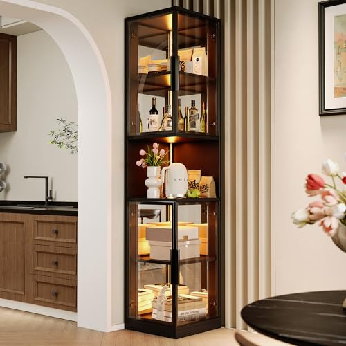 Dolamaní Vitrine 205 cm hoher mit LED Beleuchtung und Doppelten Glastüren, Glasvitrine, Eckvitrine, 5-Lagen Sammlervitrine, Kippschutzvorrichtung, für Wohnzimmer,Schlafzimmer,Büro (Schwarz)