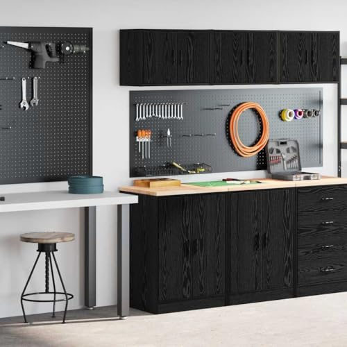 Mangloder garageskåp 2 stycken svarta träbaserade material med solid bänkskiva verkstadsskåp, förvaringsskåp, låsbart mångsidig enhet- och materialskåp för garage, verkstad