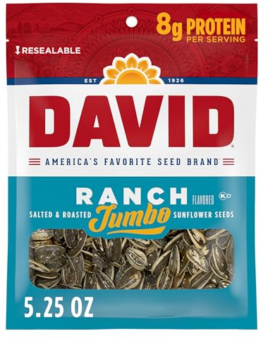DAVID SEEDS Roasted and Salted Ranch Jumbo Sunflower Seeds, Keto Friendly, 5.25 oz, 12 Pack