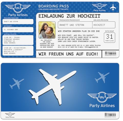 Personalisierte Foto Einladungskarten zur Hochzeit (10-100 Stück) als Flugticket mit echtem Abriss, Farbe wählbar, Umschläge optional, dickes 300g/qm Papier