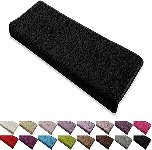 casa pura Coprigradini per Scale Interne - Tappeti per Scale Adesivi e Antiscivolo, Shaggy a Pelo Lungo, Set da 15-23.5x65cm, in Vari Colori - Rettangolare - Nero