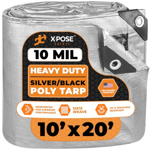 Heavy Duty Poly Tarp - 10' x 20' - 10 Mil Thick Waterproof, UV Blocking Protective Cover - Reversible Silver and Black - Laminated Coating - Grommets - by Xpose Safety