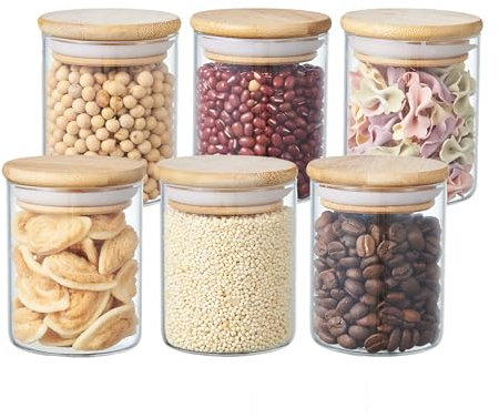 ORNAMI Small Glass Food Jar with Natural Bamboo Lid and Silicone Ring for Airtight Sealing, Little Clear Canister Jar for Kitchen Storage, for Grains, Seeds, Salt, Pepper, Spices - Set of 6 (200ml)
