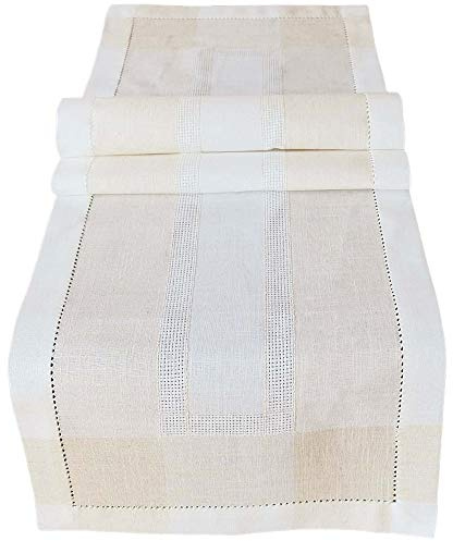 matches21 Runner da tavola/centrotavola effetto lino bianco/beige con orlo a giorno biancheria da tavolo 40 x 140 cm – poliestere e lino