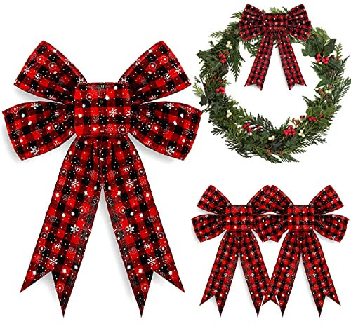 Whaline 4 x Weihnachtsschleifen Weihnachtskränze Schleifen, kariert, Weihnachtsbaum-Schleifen, Weihnachtsdekorationsschleifen aus Jute, Dekorationen für Neujahr, festlich, rot und schwarz (32 x 26 cm)
