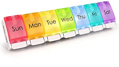 Pilulier hebdomadaire, sans BPA, 7 jours, boîte à pilules de voyage avec de grands compartiments et un design unique ouvert à ressort pour contenir des comprimés, vitamines, médicaments