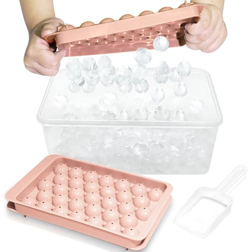 Runde Eiswürfelform, Eiswürfelform für Gefrierschrank mit Behälter, Mini-Kreis-Eiswürfelform, 3 cm x 99 Stück, Kugelform, Eiskühlung, Tee und Kaffee (3 rosa Tabletts, 1 Behälter und Schaufel)