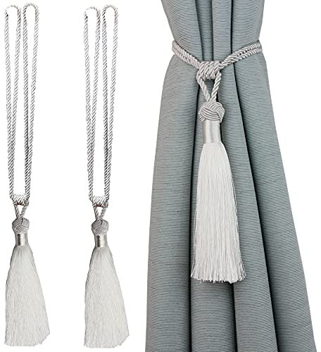jghcsz Fermatenda per Tende, Set di 2 Fermacravatte Poliestere Drappo Tieback Clip con Nappa per Tende Accessorio Elegante Stile Semplice e Naturale (Bianco, 2)