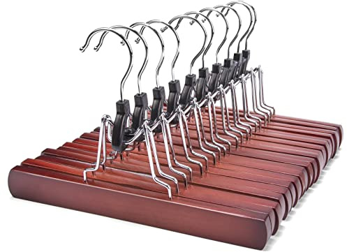 Nature Smile Wooden Pants Skirt Hangers, Smooth Finish Solid Wood Non Slip Jeans Slack Clamp Hangers Hair Extension Hangers (10 Pack Cherry)…