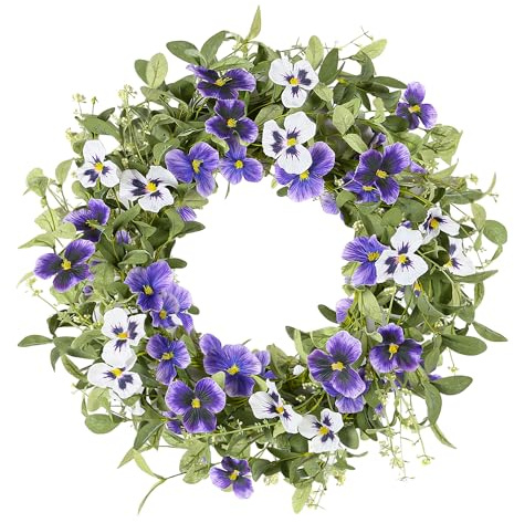 YNYLCHMX 18 Spring Summer Wreaths for Front Door, Artificial Floral Wreath with Purple Pansy Flowers Green Eucalyptus Leaves, Green Foliage Wreath for Wall Window Farmhouse Party Holiday Home Decor