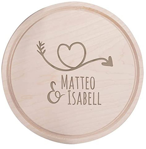 Deitert Frühstücksbrettchen mit Name oder Wunschtext graviert - Holzbrett Geschenk für Valentinstag, Hochzeit, Geburtstag für Frauen/Männer - Schneidebrett Holz Rund, 24 cm Ø, Herzpfeil Gravur