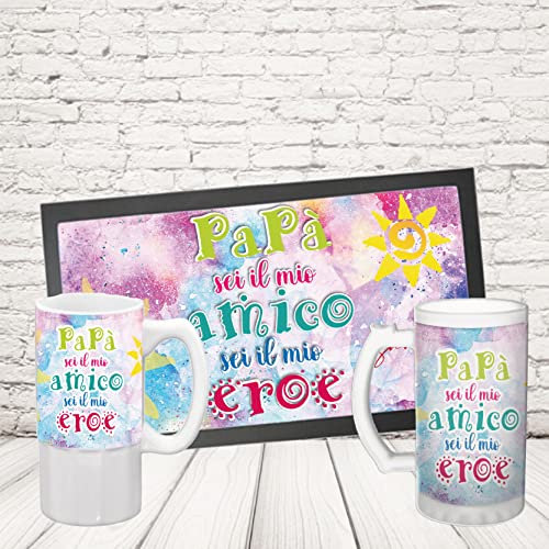 Kit Barman COPPIA TAPPETINO per BANCONE da BAR PIÙ BOCCALE ” UN PAPA’ AMICO “ Bicchiere BIRRA IN CERAMICA O VETRO SATINATO PERSONALIZZABILE idea regalo per Papà