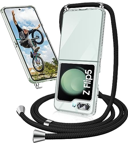 Handykette für Samsung Galaxy Z Flip 5 mit Band, Transparent Necklace Hülle mit Kordel zum Umhängen - Ultradünn Schutzhülle Case (Schwarz)