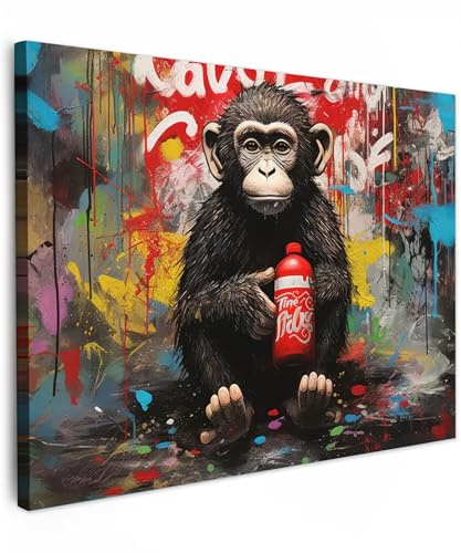 MuchoWow© Bild auf Leinwand 70x50 cm Schlafzimmer Bilder Wand Deko Wohnzimmer Modern Wanddeko Bilderwand Geschenk Banksy - Street Pop Art - Affe - Graffiti - Tiere - Kunst - Flasche - Farben