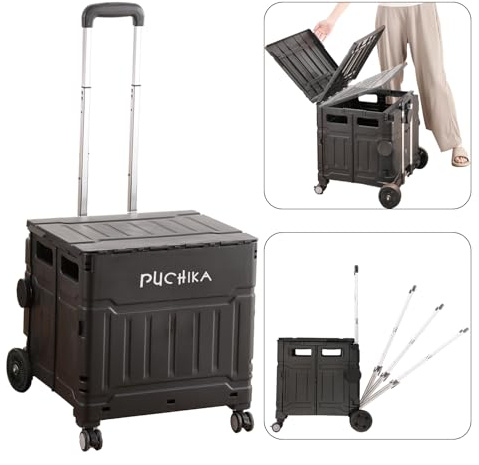 PUCHIKA Einkaufstrolley klappbar, Einkaufswagen Trolley, Einkaufstrolley mit Deckel, Shopping Trolley faltbar, Einkaufstrolleys flachziehenbar, Teleskop Griff, 4 Gummiräder, 48L, Schwarz